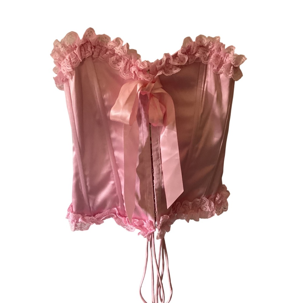 Windsor Women Y2K Pink Satin Coquette Lace Up Ruffle‎ Corset Top Small Festival